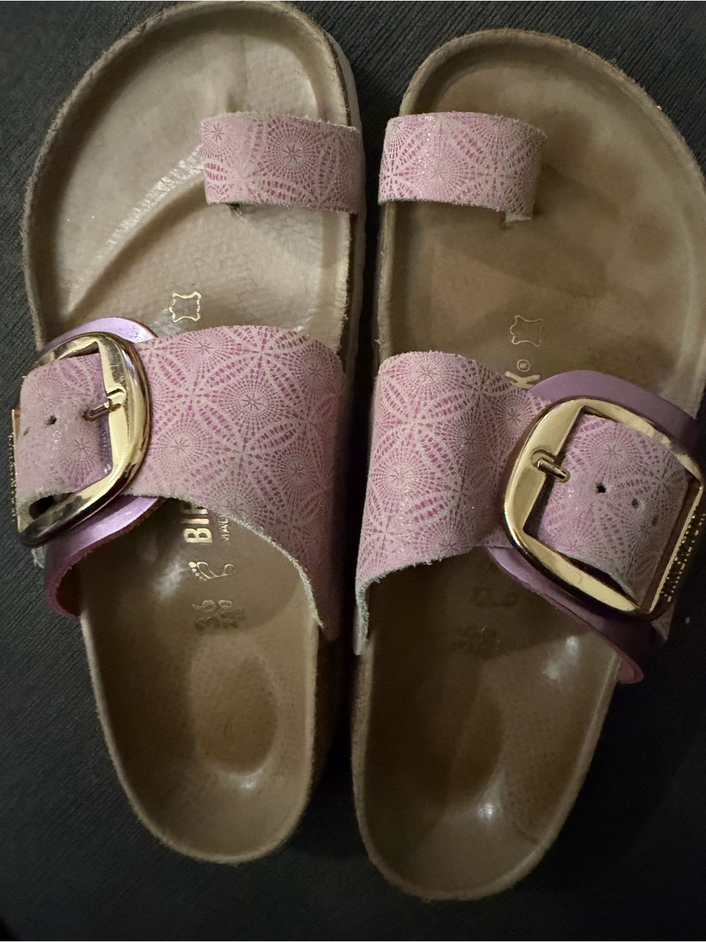 Birkenstock Pink Patterned Two-Strap Sandals with Gold Buckles